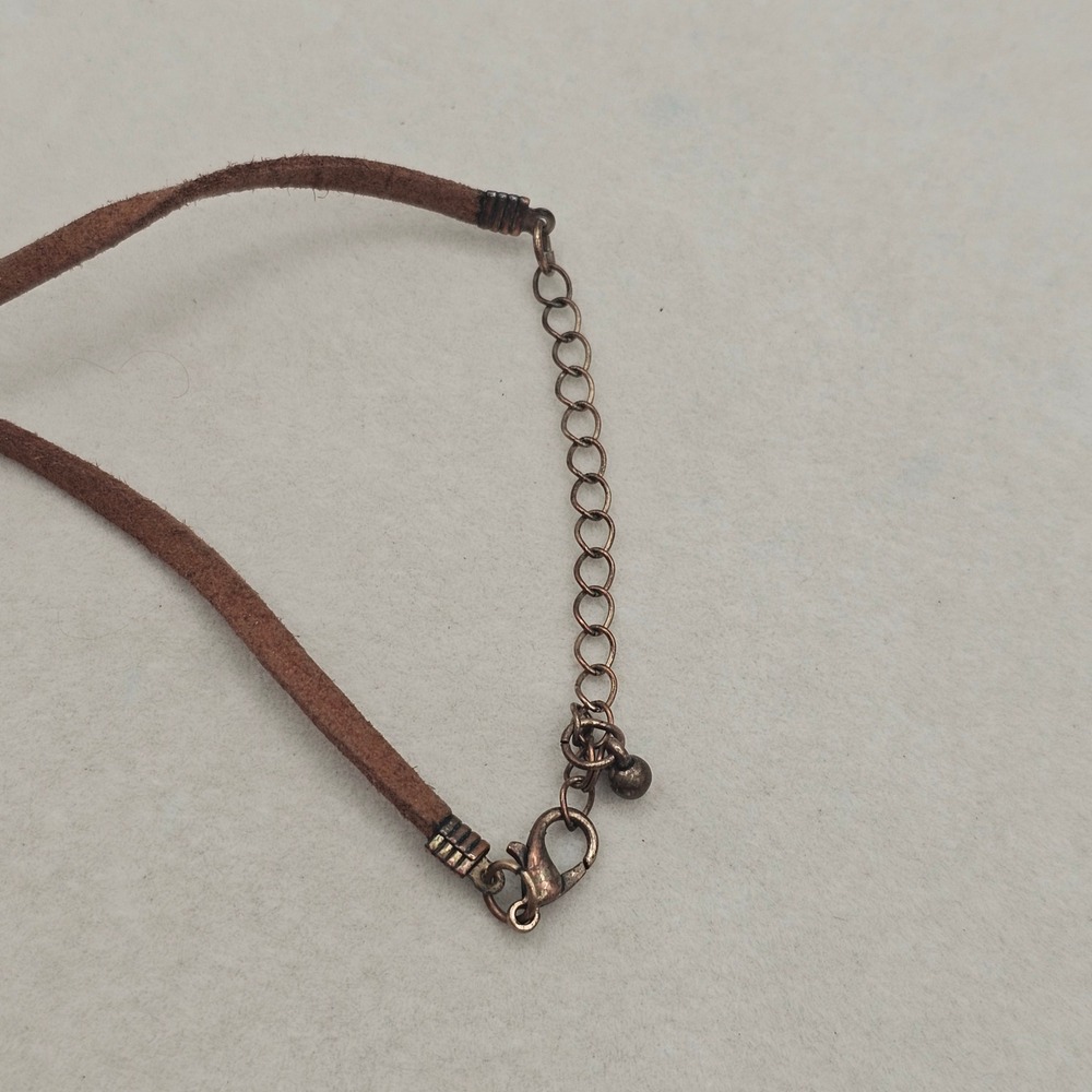 Brown Leather Blue Stone Pendant Necklace Metal Fringe Boho Tribal Southwest - Picture 7 of 13